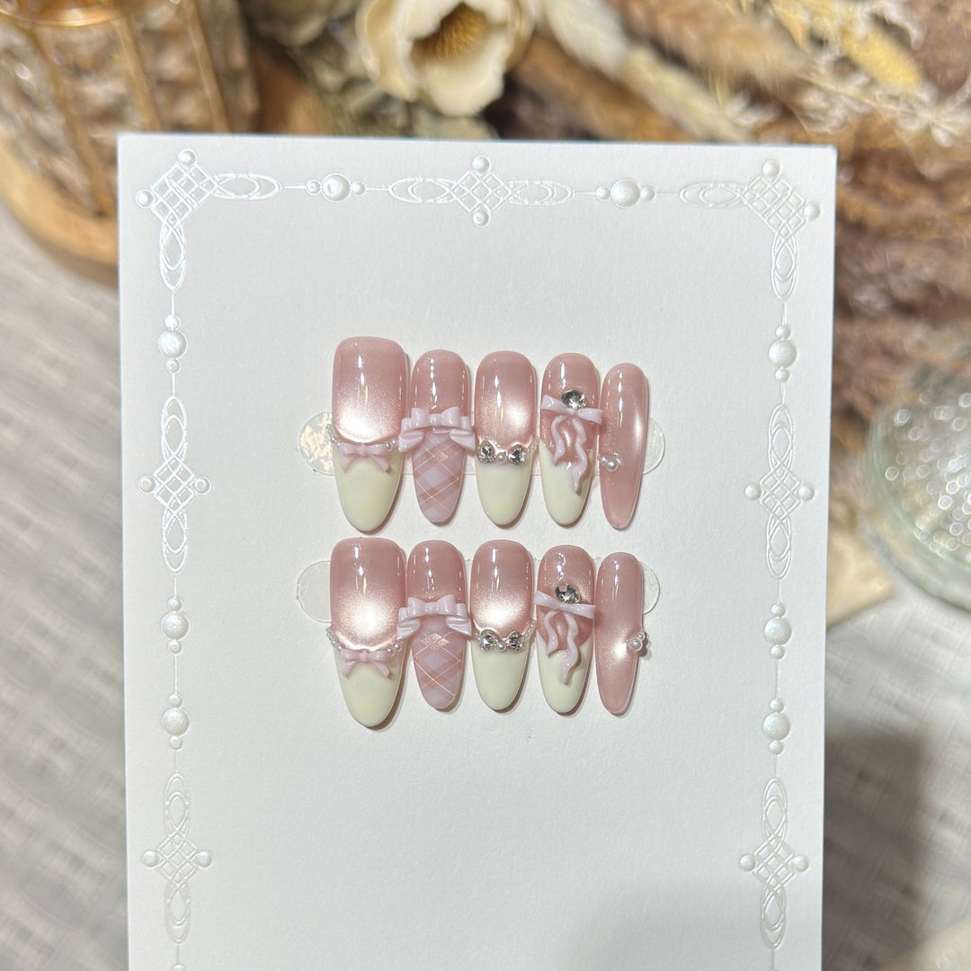 Elegant Stiletto Press-On Nail Set with Decorative Bow and Gem Accents Kalsten