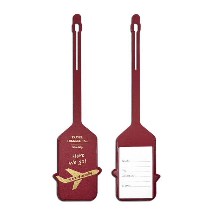 premium leather travel luggage ID tag with embossed airplane motif and adjustable strap Kalsten