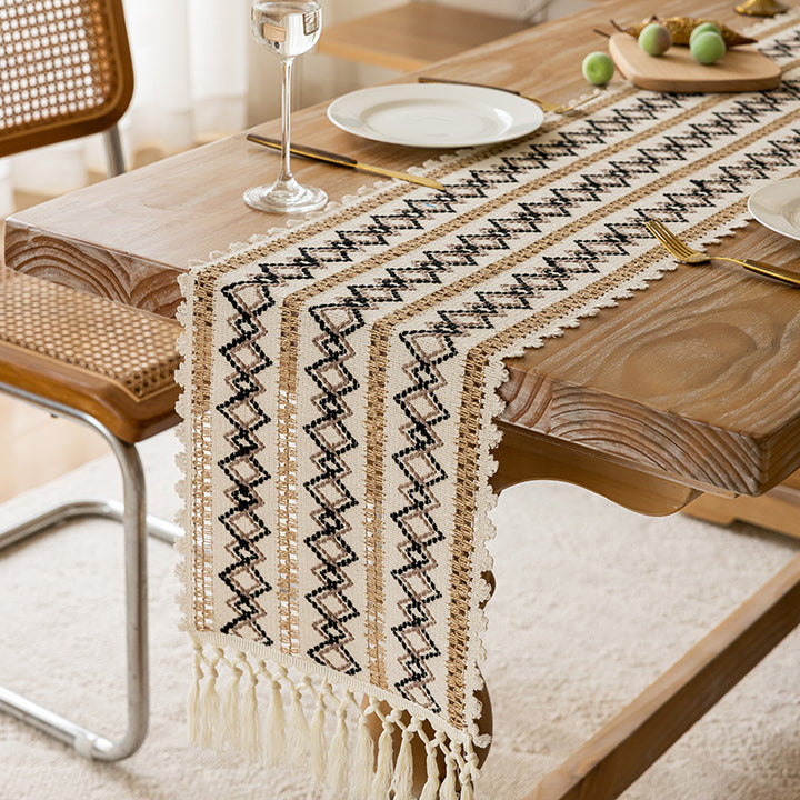 Handwoven Bohemian Cotton Table Runner with Fringe Tassels and Geometric Embroidery