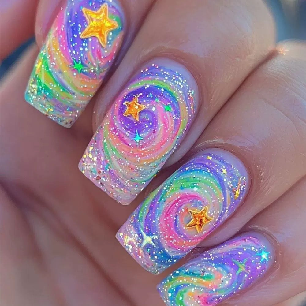 Glittering artificial nail set with colorful spiral design and star accents Kalsten
