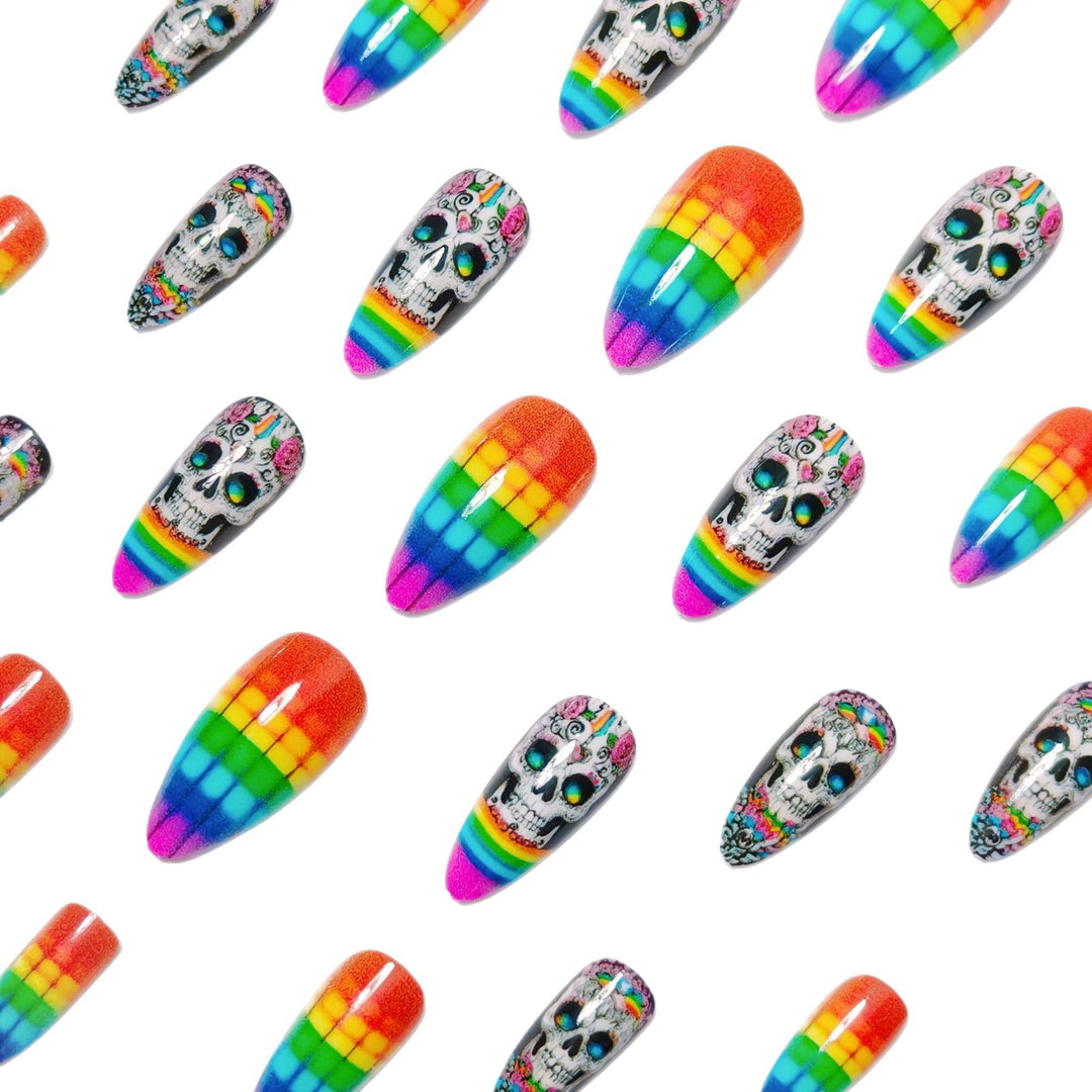 Creative artificial nails with skull design and rainbow colors Kalsten