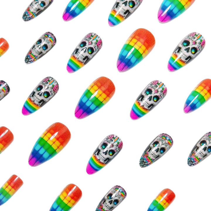 Creative artificial nails with skull design and rainbow colors Kalsten