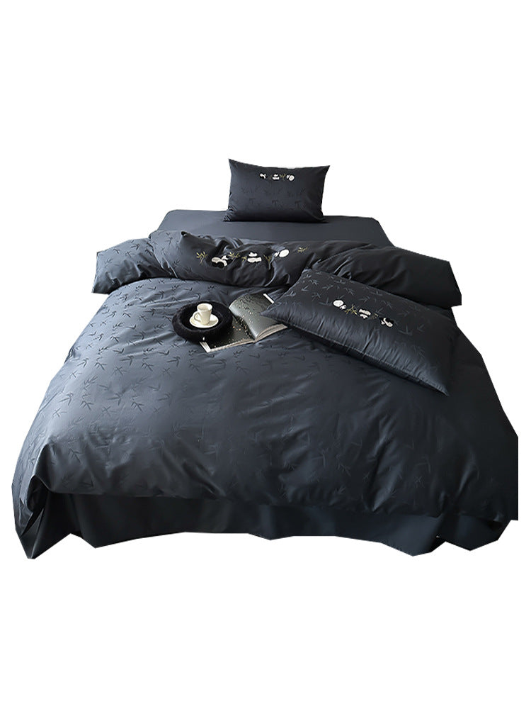 finely woven cotton satin bedding set with panda embroidery and bamboo jacquard