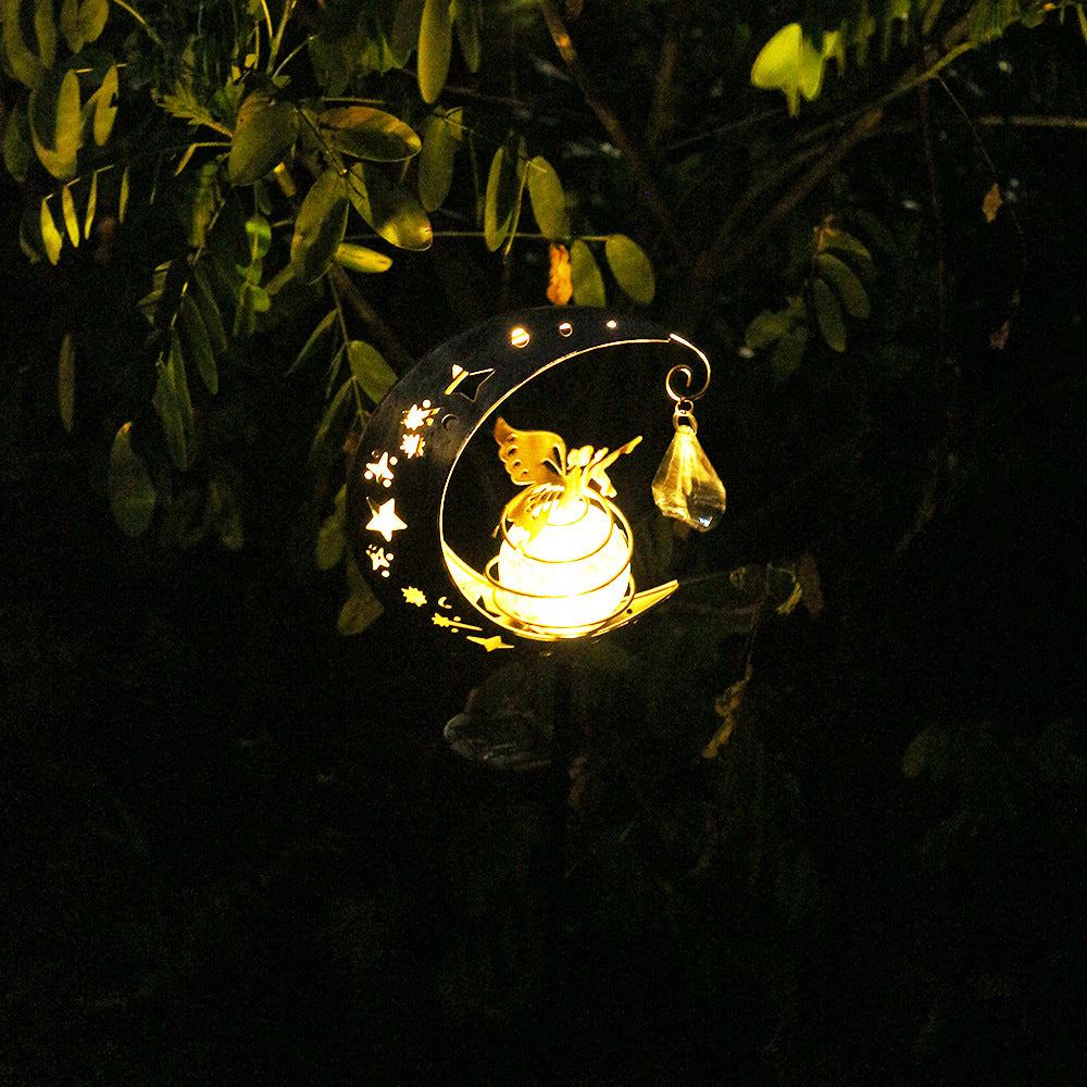 Decorative Crescent Moon Solar Garden Stake Lamp With Hanging Crystal Orb And Butterfly Kalsten