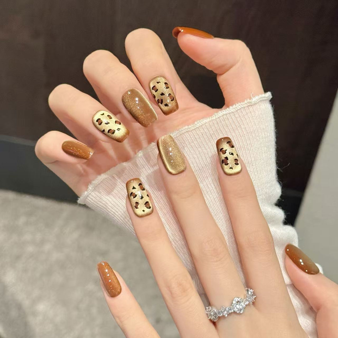 Artistic Press-On Nail Set with Glitter and Leopard Patterns
