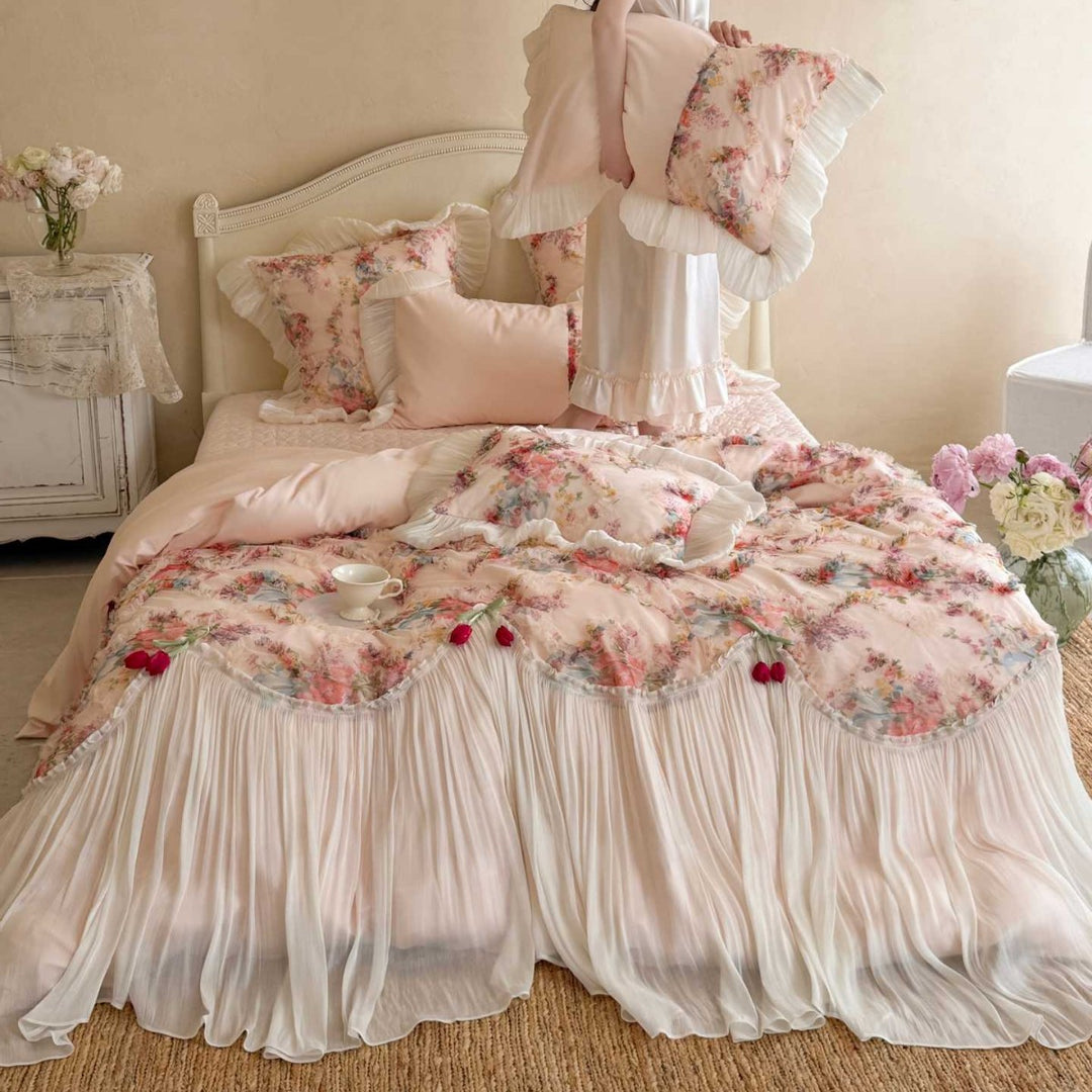 Luxurious multi-piece vintage bedding set with ruffles and floral pattern