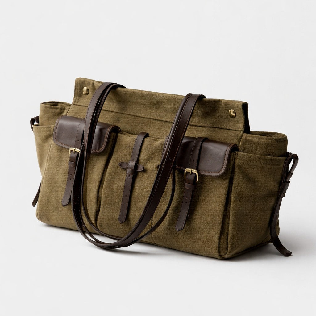 Multi-Pocket Canvas Tote Handbag