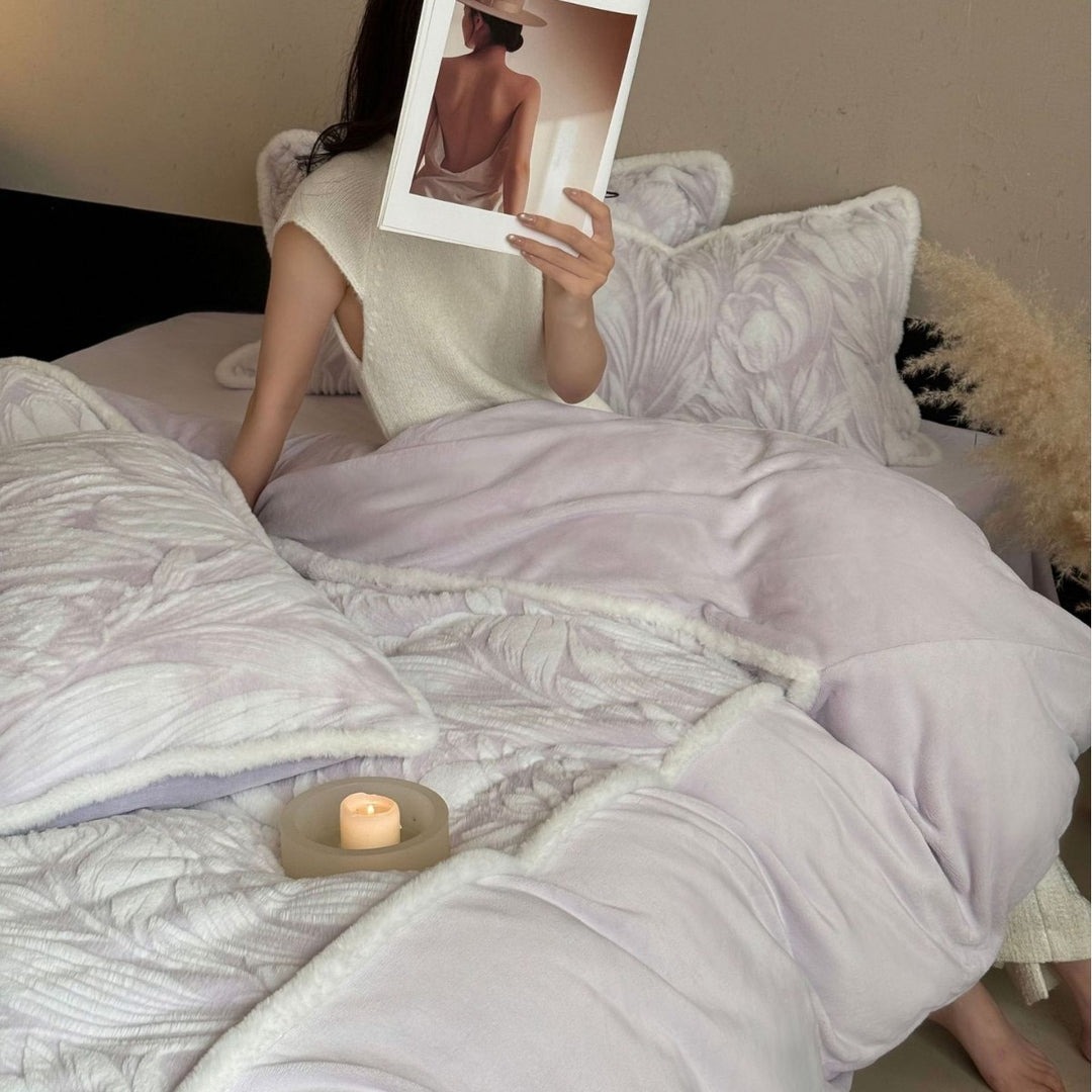 Premium bedding set with relief-stitched plush pattern and soft frill Kalsten