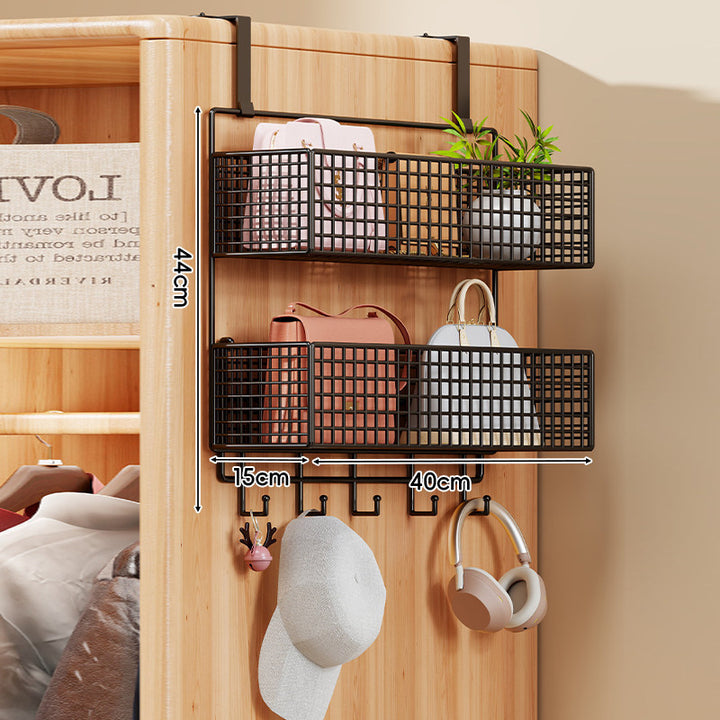 Over-the-Door Metal Grid Hanging Organizer with Four Stackable Baskets and Hooks