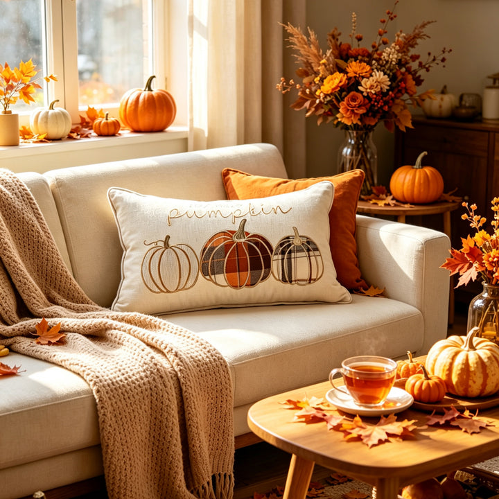 Embroidered Autumn Pumpkin Decorative Throw Pillow