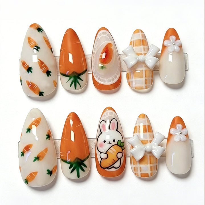 Artificial nail set with spring-like carrot and rabbit pattern Kalsten