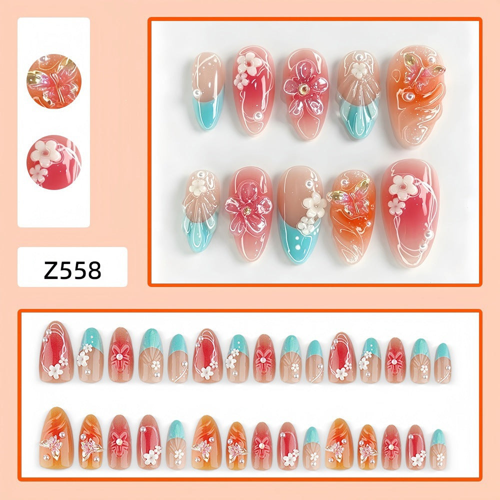 Artificial nail set with floral accents and glittering 3D applications Kalsten