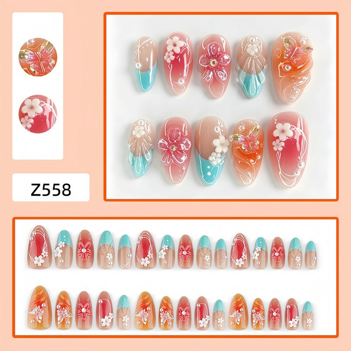 Artificial nail set with floral accents and glittering 3D applications Kalsten