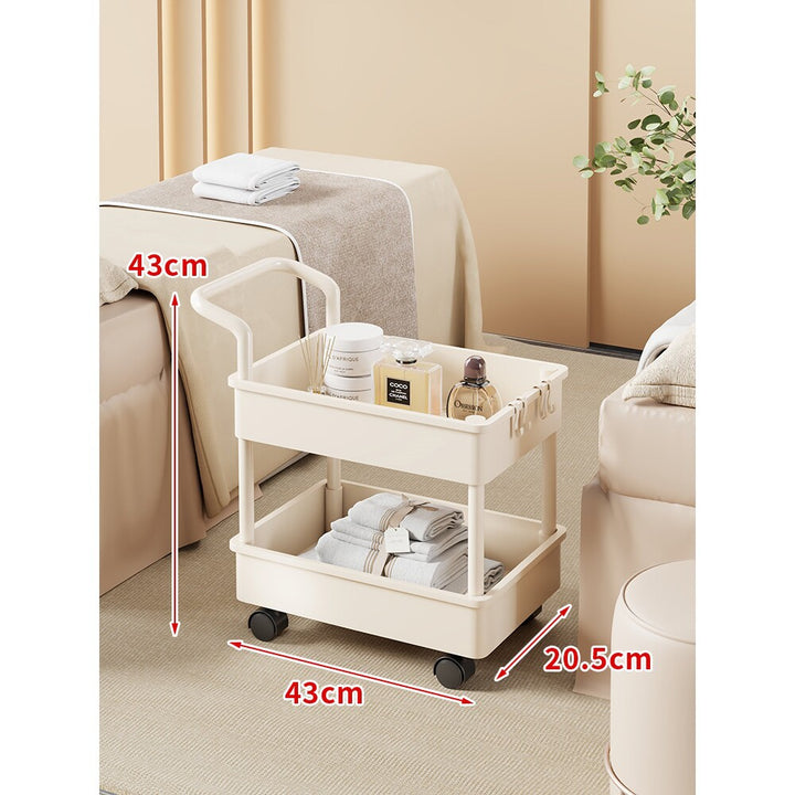 Compact Two-Tier Rolling Storage Cart with Integrated Handle and Accessory Hooks