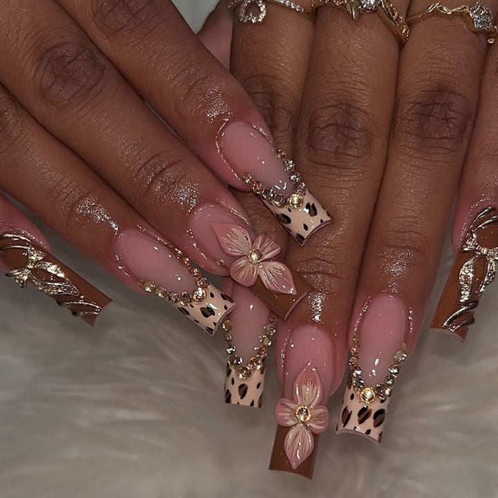 Artistic Long Press-On Nail Extensions with Elegant Floral Design Kalsten