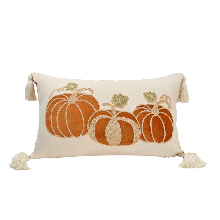 Embroidered Autumn Pumpkin Velvet Accent Pillow Cover