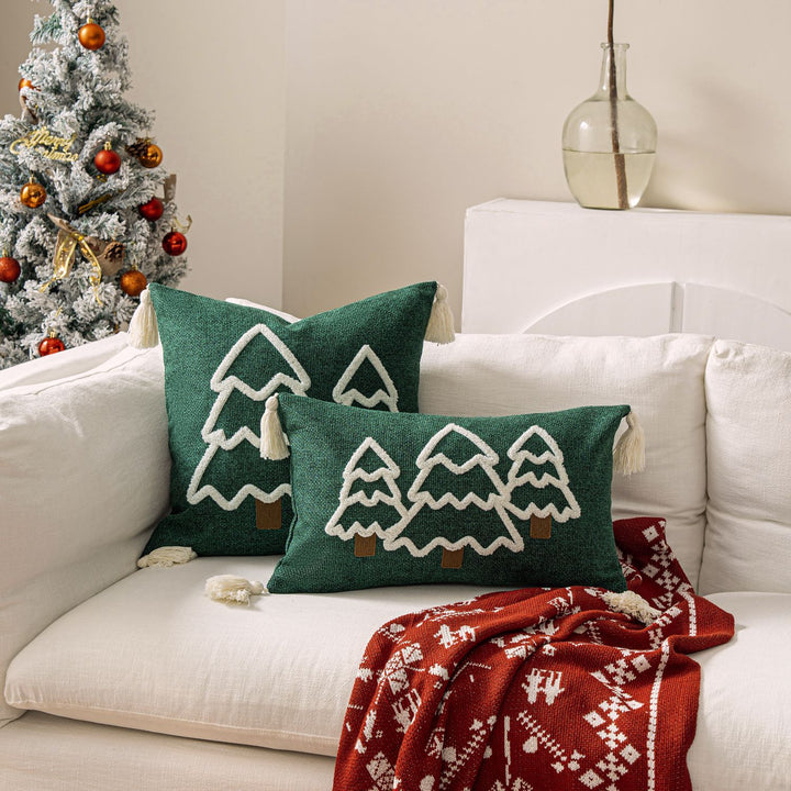 Embroidered Winter Tree Tassel Lumbar Throw Pillow