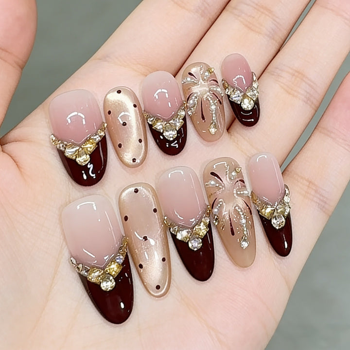 Decorative Press-On Nail Art Set with Luxurious Gem Accents Kalsten