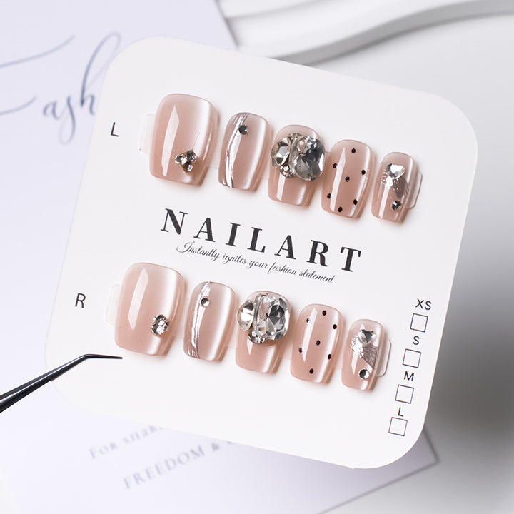 Artistic Press-On Nail Set with Rhinestone and Glossy Finish Kalsten