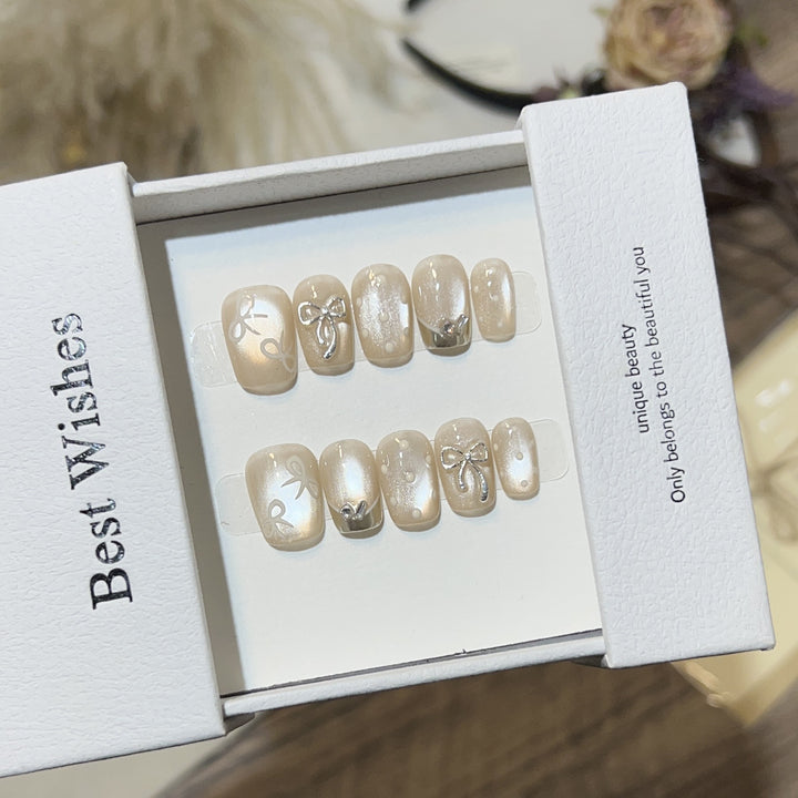 Elegant Bow-Embellished Press-On Nail Art Set Kalsten