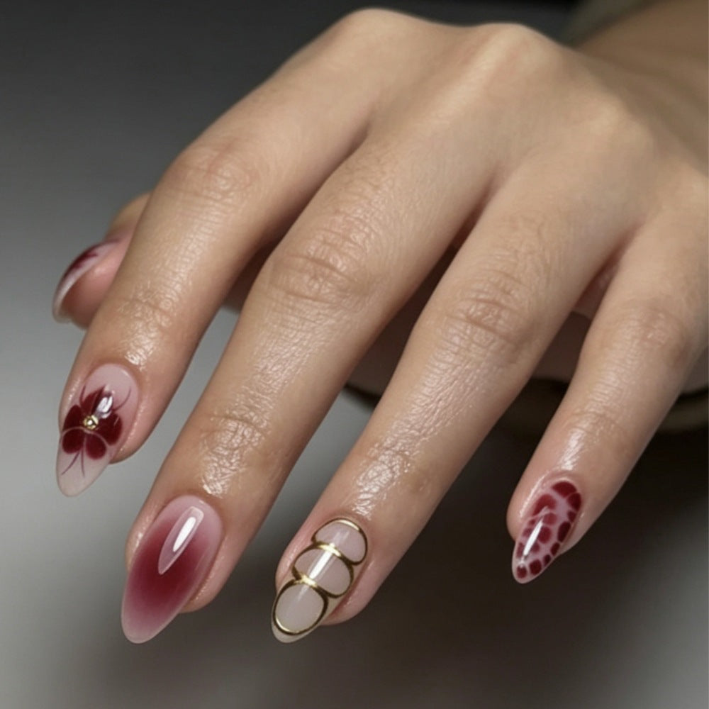 Artistic Press-On Nail Set with Floral and Ombre Designs Kalsten
