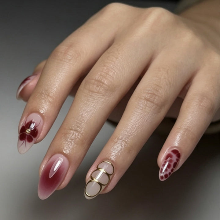 Artistic Press-On Nail Set with Floral and Ombre Designs Kalsten