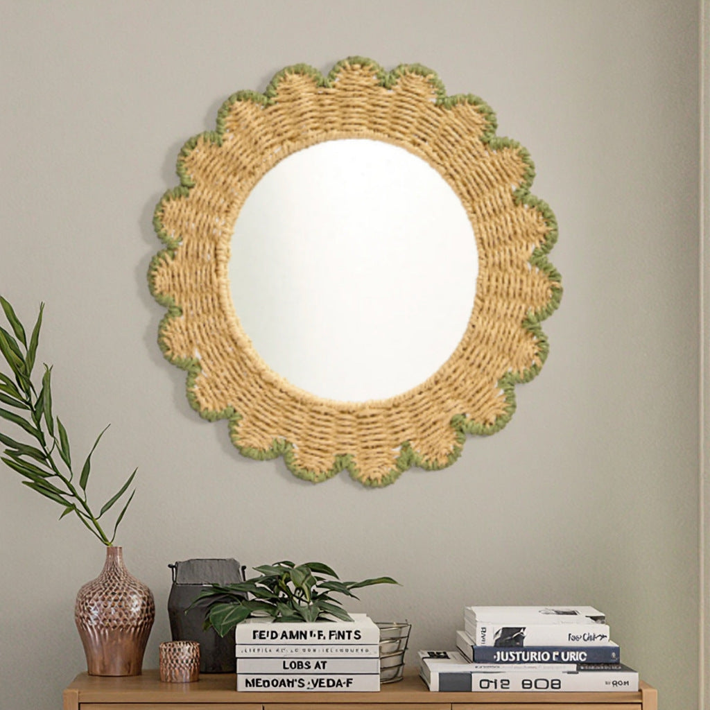 Decorative Round Wall Mirror with Natural Rattan Frame Kalsten