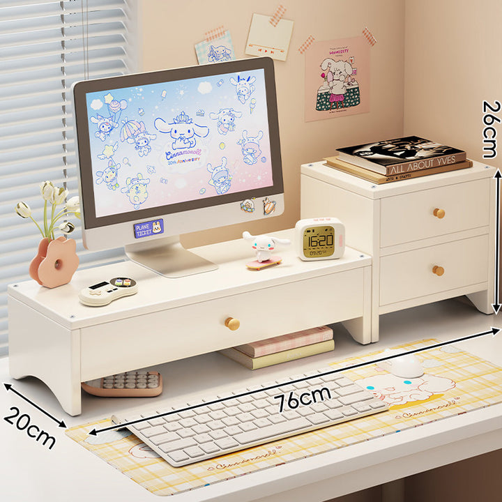 Dual-Height Wooden Monitor Riser and Desktop Organizer with Two Drawers