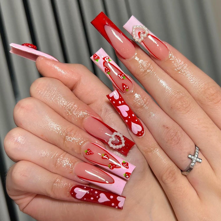 Artistic Nail Extensions with Heart and Strawberry Design Kalsten