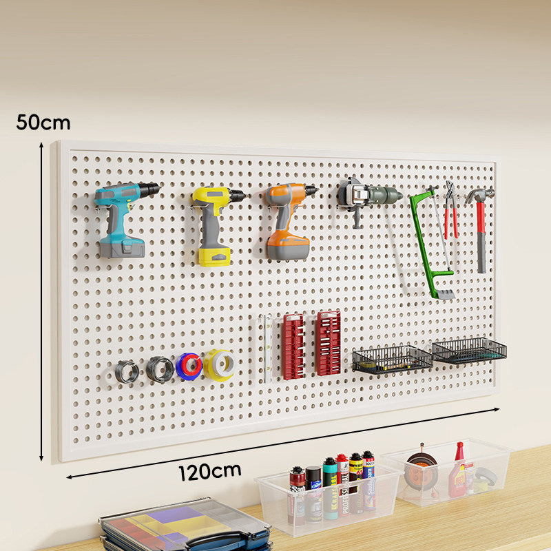 Wall-Mounted Perforated Metal Tool Pegboard Organizer Panel with Modular Hooks and Wire Baskets