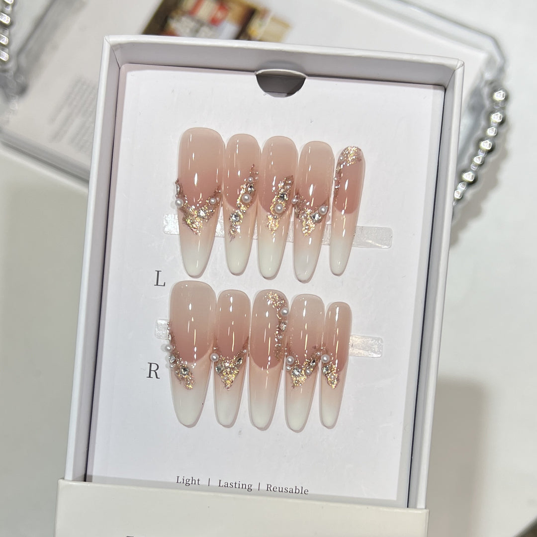 Elegant Stiletto Press-On Nail Art Set with Crystal and Pearl Accents Kalsten