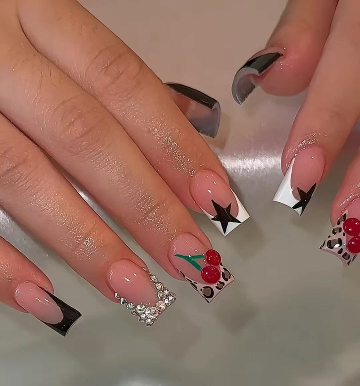 Artistic Nail Art Design Set with Cherry and Star Accents