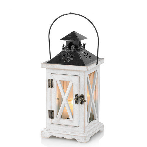 Rustic Distressed Wood Glass-Paneled Decorative Candle Lantern with Metal Top and Carry Handle Kalsten