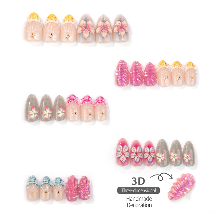 Artistic Press-On Nail Set with Floral and Shell Designs