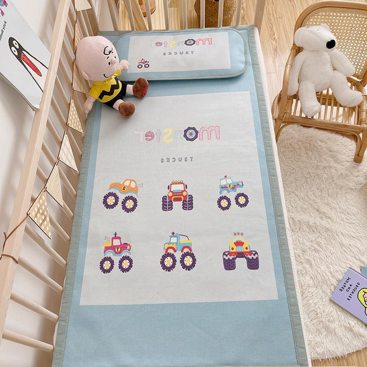 Padded baby crib mattress with good night print, non-slip bottom and wipeable cover