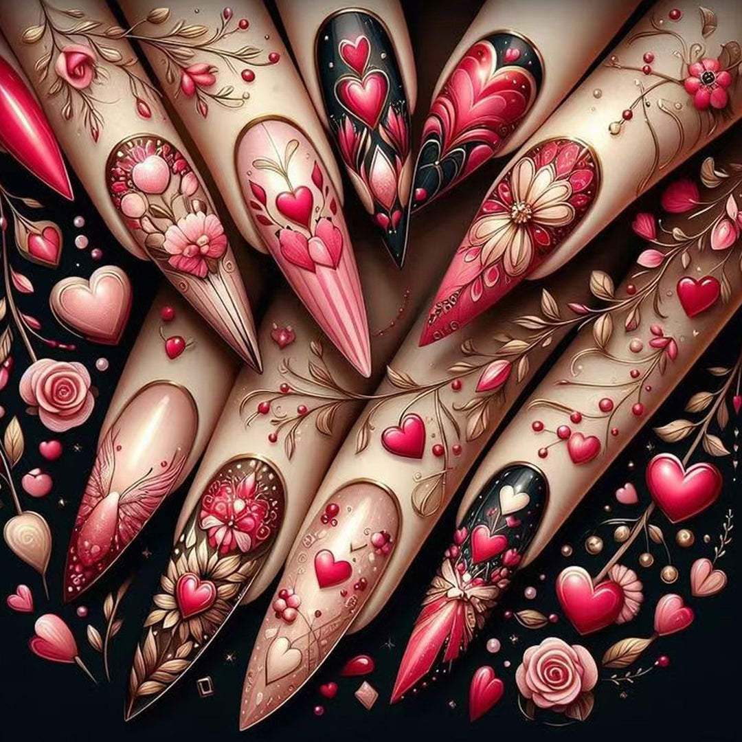 Artificial nails with romantic heart and floral designs Kalsten