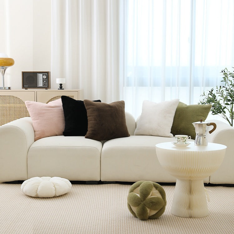 Square plush decorative cushion with microfiber faux fur surface and concealed zipper
