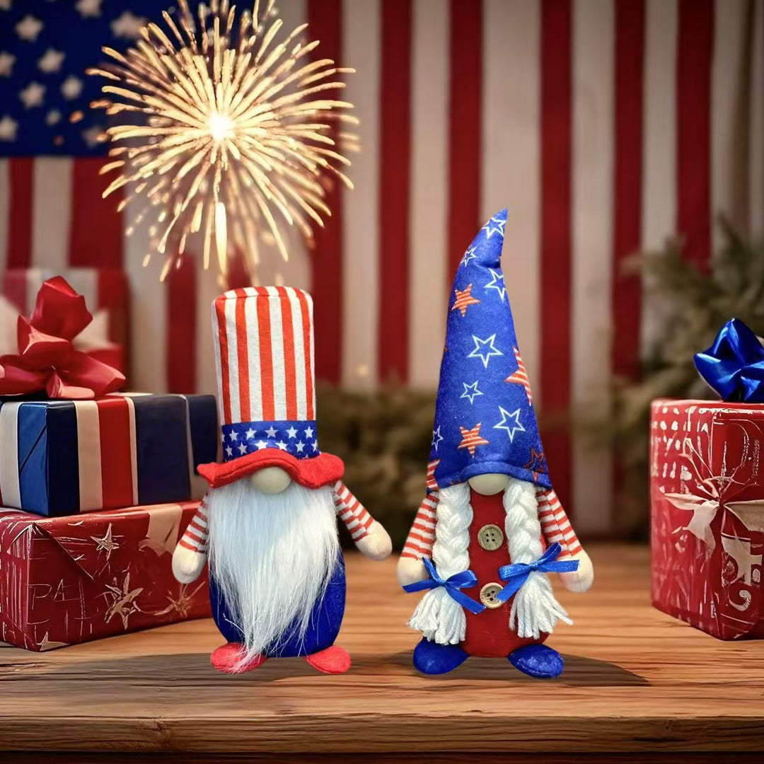 Unisex nan patriotic plush standing gnome ornament with tall star-spangled hat and long faux beard Kalsten