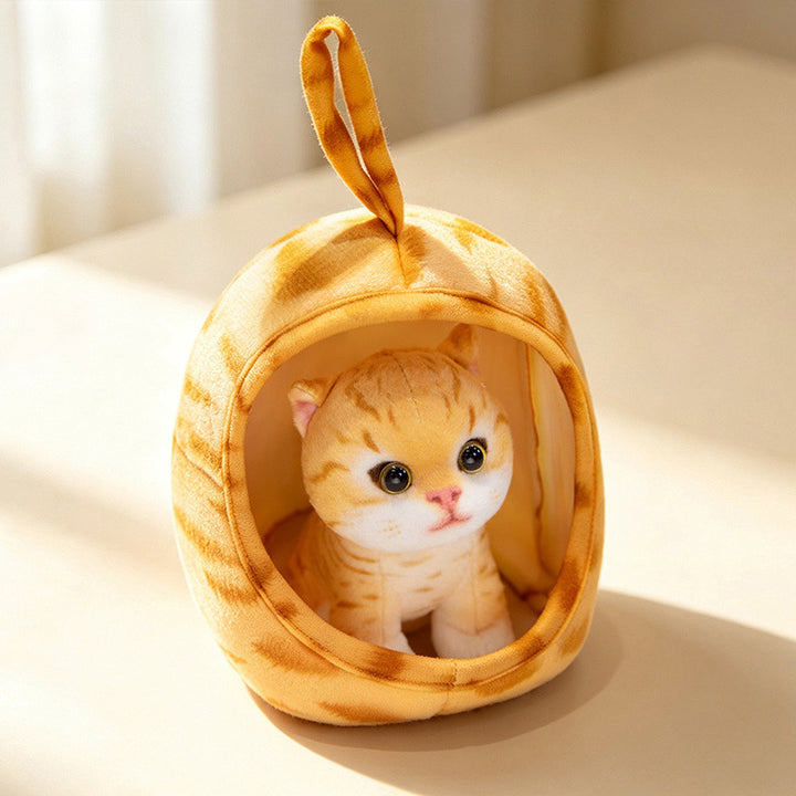 Mini Plush Calico Cat in Plush Cave Nest with Hanging Loop Kalsten