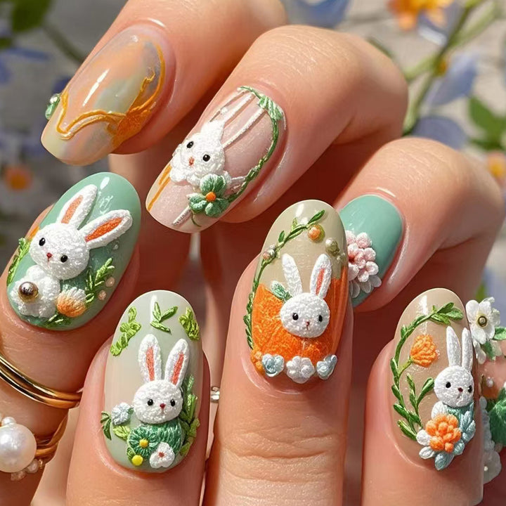 Whimsical Bunny-Themed 3D Press-On Nail Art Kalsten
