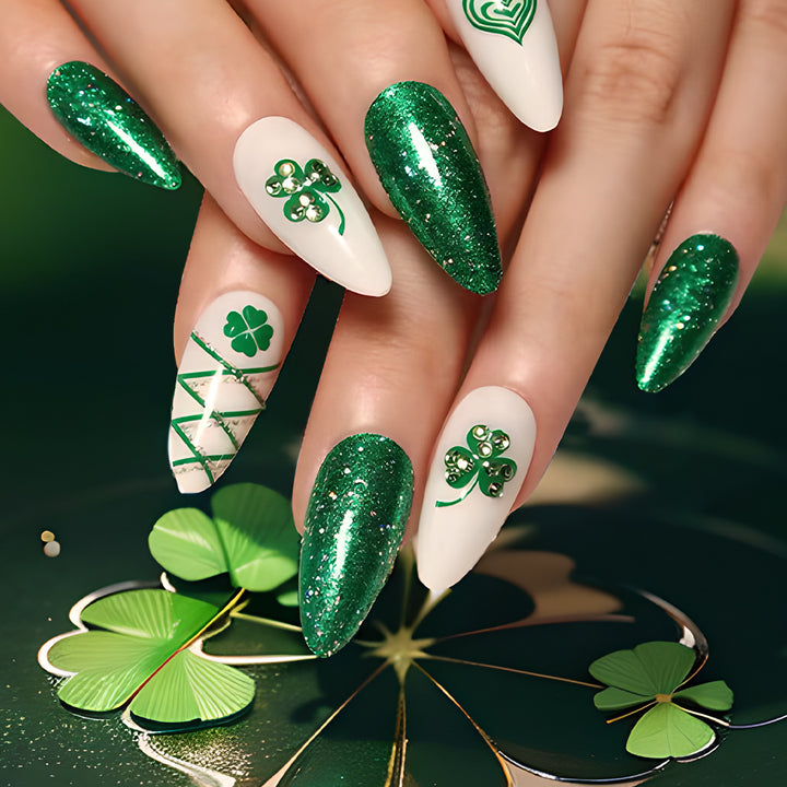 Glamorous Stiletto Press-On Nail Art with Glitter and Shamrock Design Kalsten