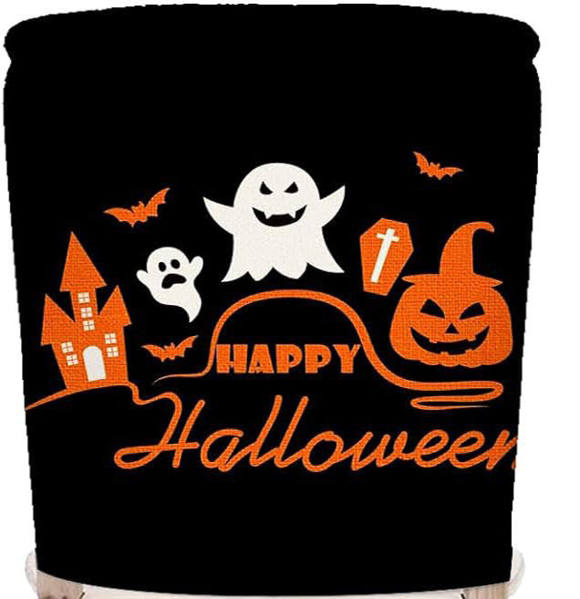 festive Halloween chair covers made of stretchable polyester with witch hat and lettering design