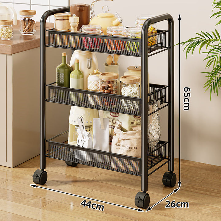 Three-Tier Rolling Mesh Kitchen Storage Cart with Side Utensil Caddy and Locking Casters
