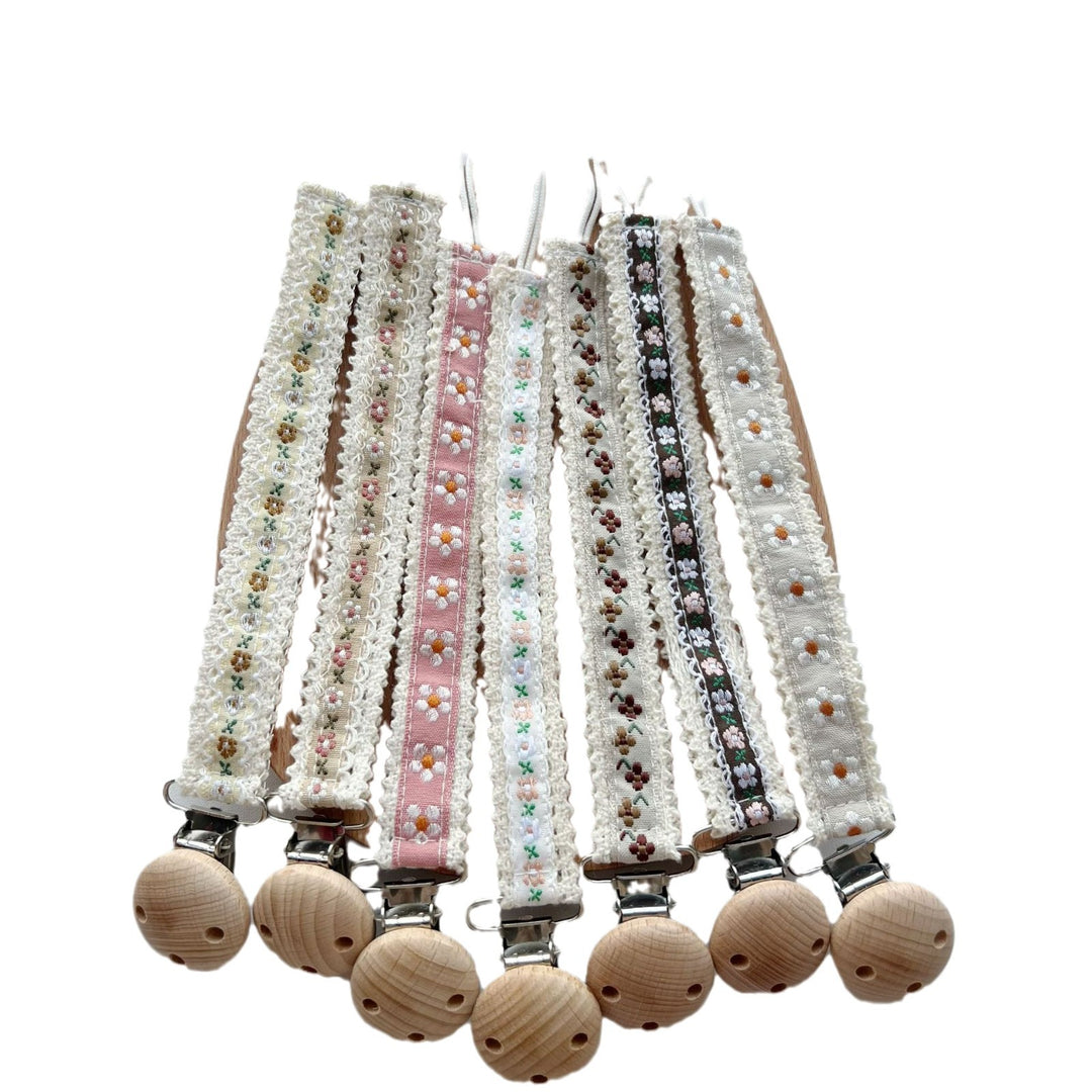 Natural Wooden Bead Pacifier Clip with Embroidered Cotton Lace Strap