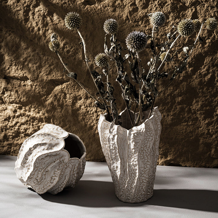 Decorative Ceramic Sculptural Vase with Textured Edge with Ruffled Rim