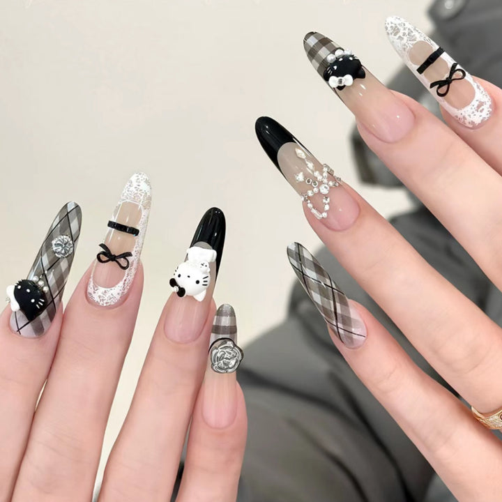 Artistic Press-On Nail Set with Floral and Gemstone Accents Kalsten