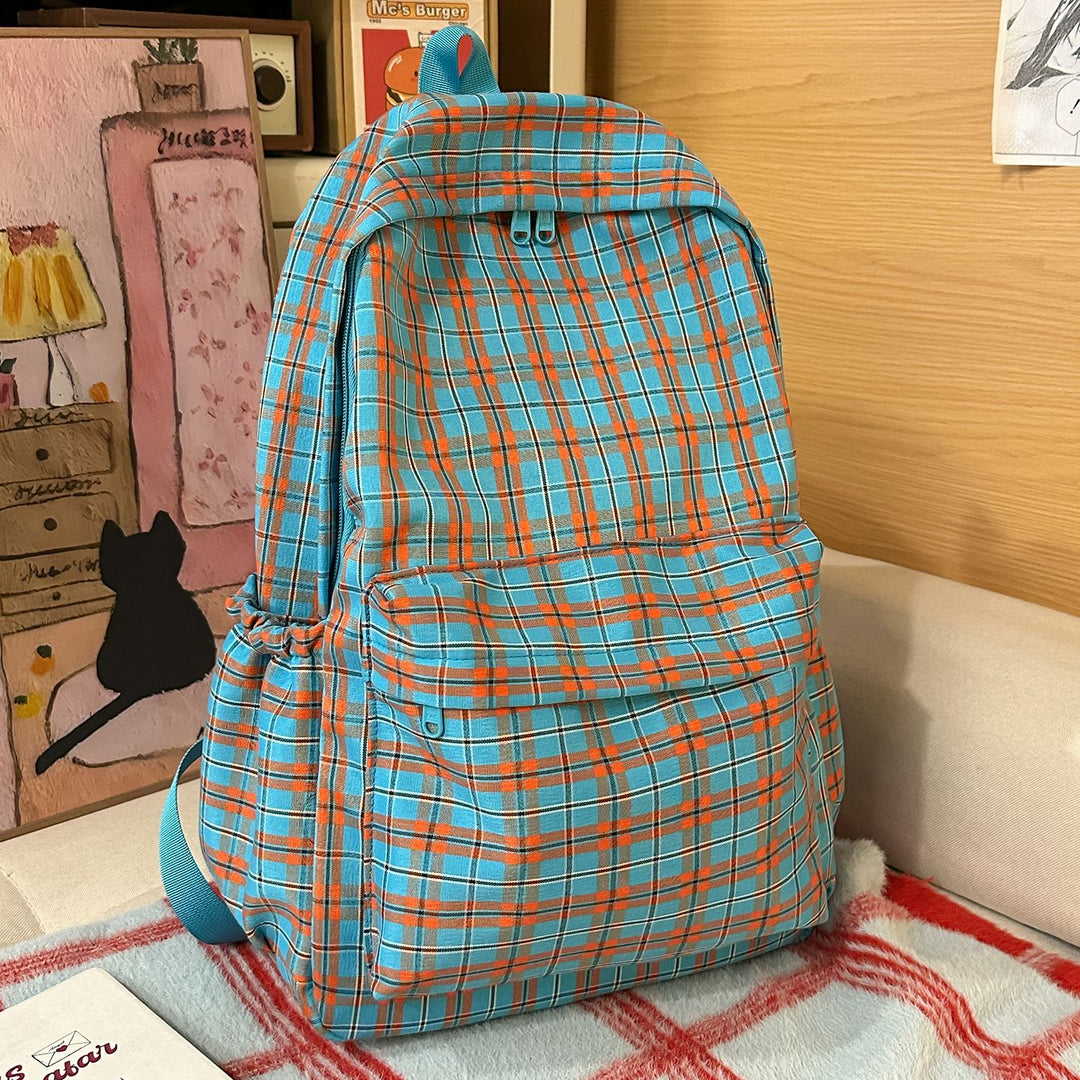 Backpack with Practical Check Pattern and Cute Plush Pendant Kalsten