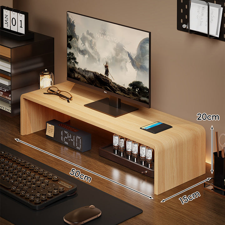 Low-Profile Curved Desktop Monitor Platform with Integrated Under-Shelf Organizer and Ambient Backlight
