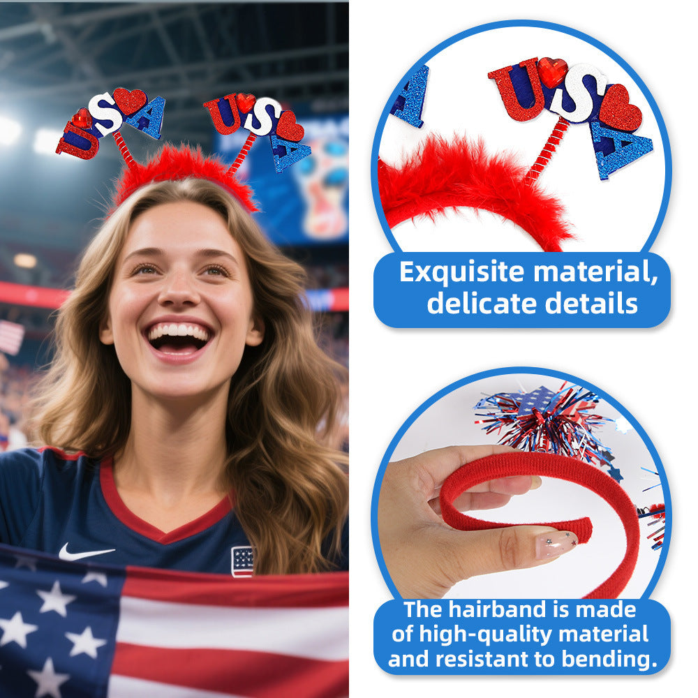 Women's Independence Day patriotic pompom headband with tinsel star toppers Kalsten