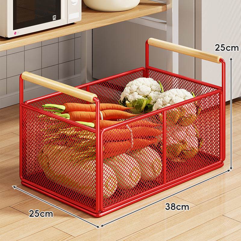 Rolling Mesh Kitchen Storage Cart with Wooden Handles